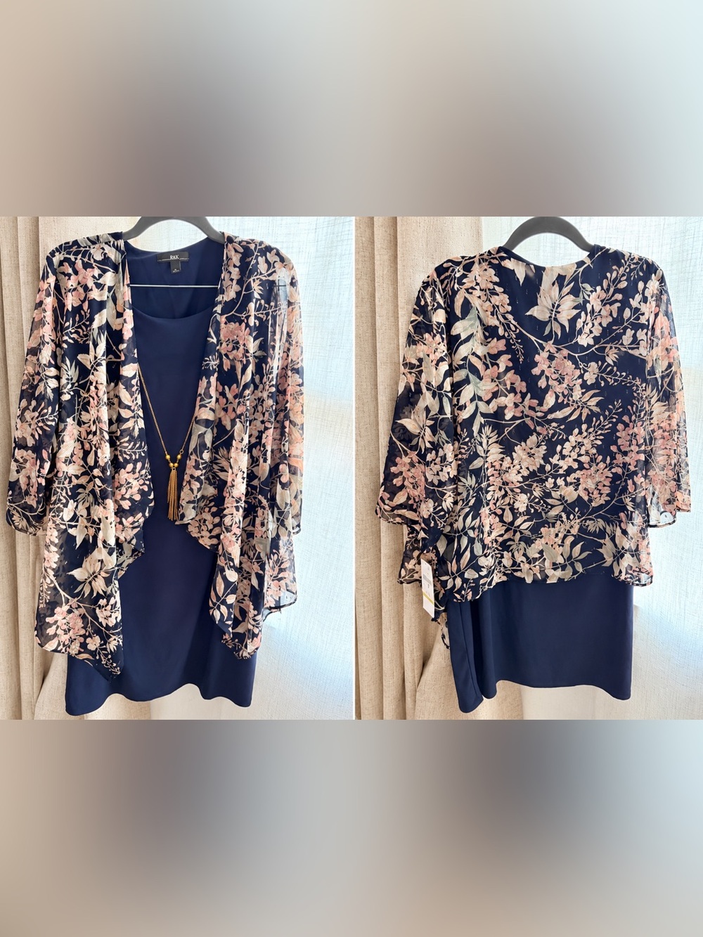 R&K Navy Blue Dress with Floral Navy, Pink, Cream Overlay